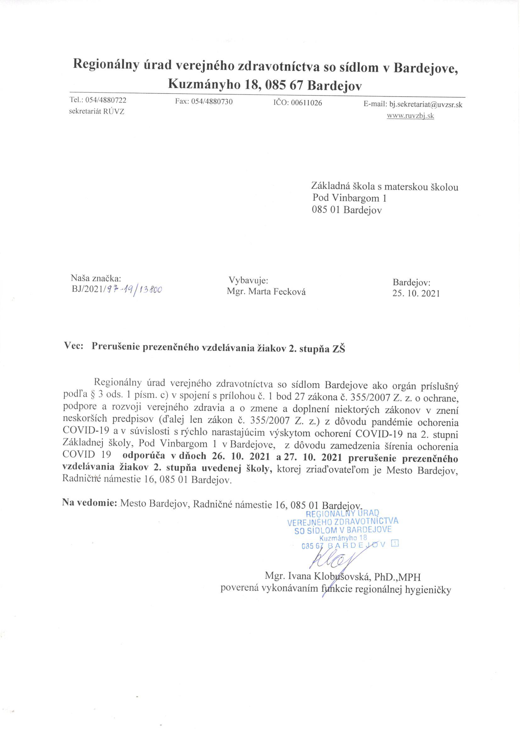 ZŠ s MŠ Pod Vinbargom BJ prerušenie prez vzd žiakov 2 st ZŠ
